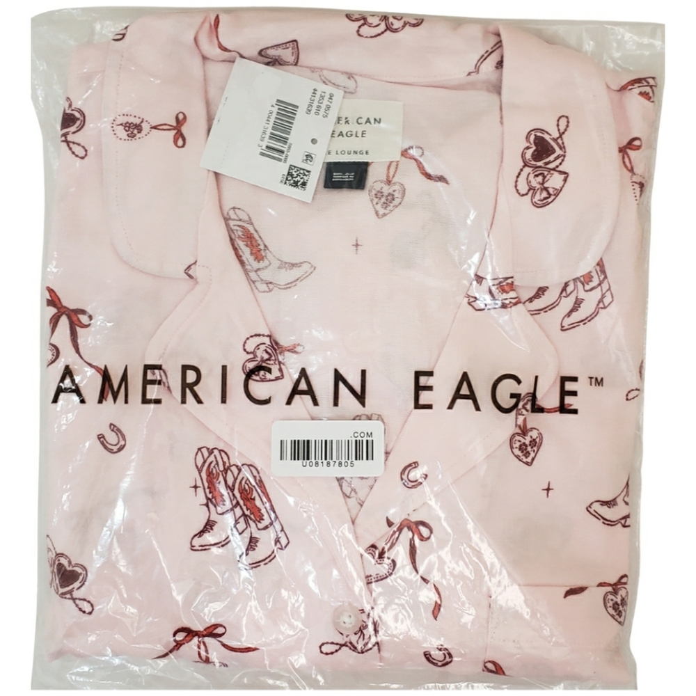 AMERICAN EAGLE Pajama Set Women Pink Top & Shorts Ruffle NWT